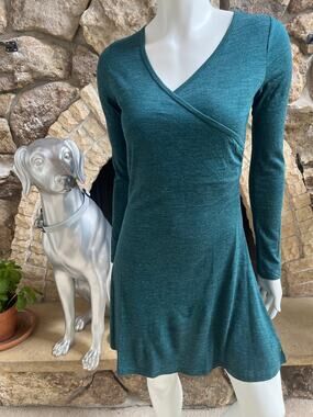 Prana Nadia Wool Blend Faux Wrap Long Sleeve Green Dress W3NALS314 Women Size S